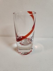 Red Swirl tall Shot Glass PIER 1 Clear with Red Swirl Line Design 3.5″ Tall