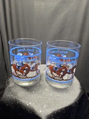 vintage Libbey Glass lowball whiskey glasses featuring a horse racing design…