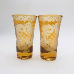 2 NEW Bohemian Mirror Amber Cut To Clear Crystal Cordial Shot Glasses SHIPS FREE