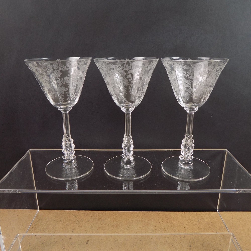 3 Cambridge Glass Chantilly 3779 Etched Liquor Cocktail Glasses 5.25″ Tall VGC