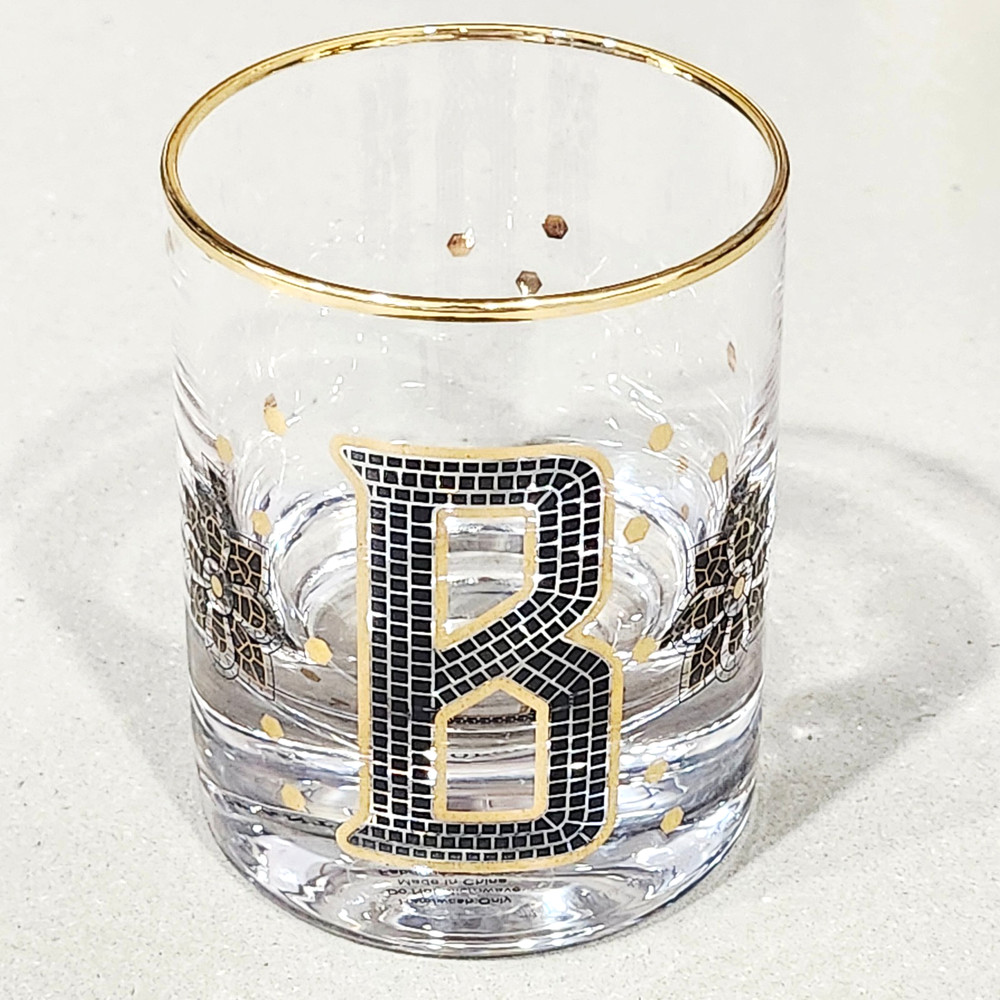 Anthropologie Bistro Tile Monogram “B” Old Fashioned Glass 24K Gold Rim