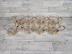 1960s LIBBEY COFFEE CUP SET Greek Key Continental MCM Metal Handles