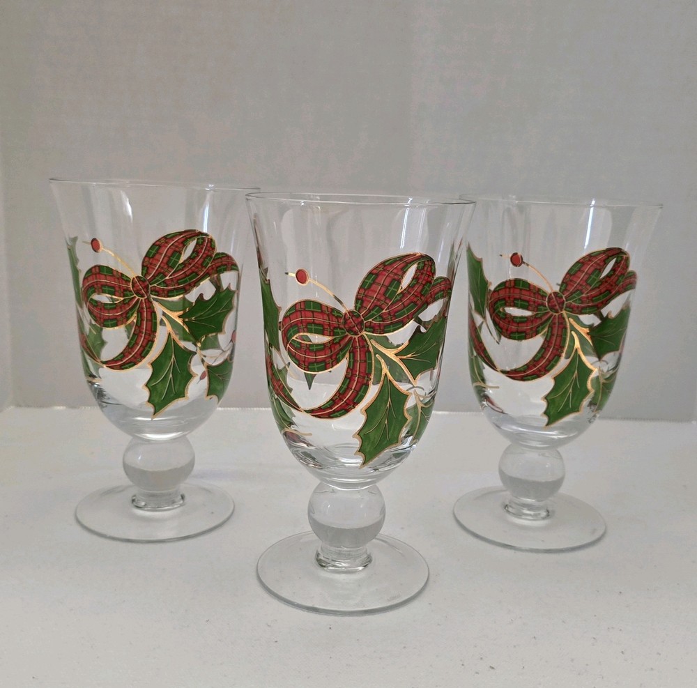 Set Of 3 Lenox Holiday Plaid Ribbon Iced Tea Glasses Goblets 6 3/4″ EUC