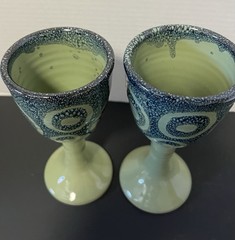 2 Studio Art Ceramic Goblets Green Blue Circles Pottery 7.7”H Handpainted
