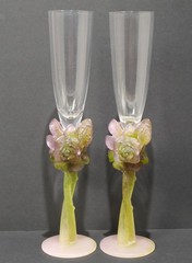 Pair of French Daum Nancy «Roses» Art Glass Champagne Flutes 20th Century