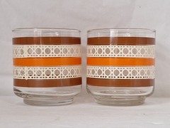 Vtg LIBBEY 8 oz. LOW BALL GLASSES TUMBLERS ORANGE BROWN BANDS RATTAN WEAVE