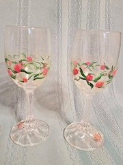 VINTAGE Set Of 2 French Hand Painted Wine Glasses Flower Design Beautiful