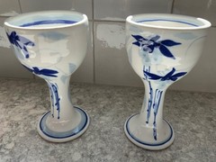 Cobalt Blue And White Porcelain Goblet/Wine/Saki Cups With Floral Design