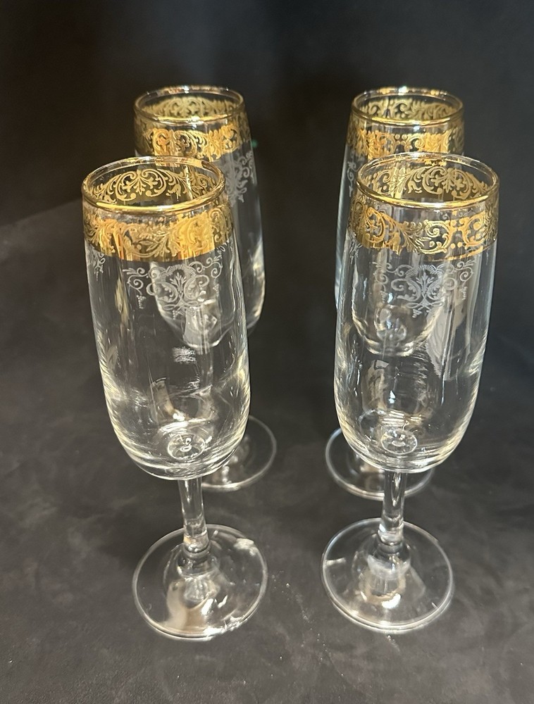 Set Of 4 Cellini Italian Crystal Champagne Flutes 24K Gold Trim Hand Decorated
