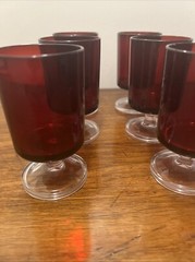 6 Vintage ARCOROC Red Small Wine Glasses Clear Stems & Bases Made in France 4 oz