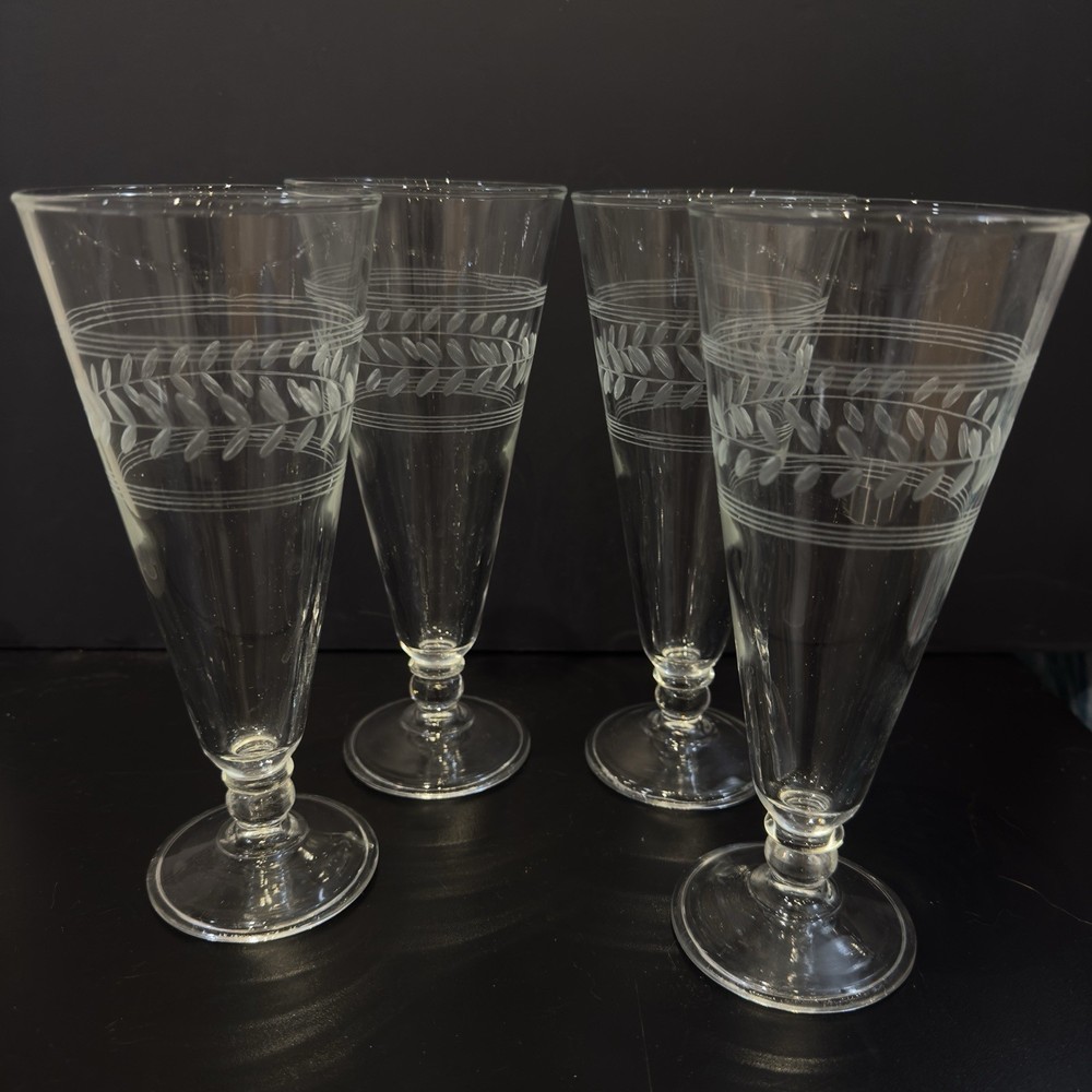 4 Anchor Hocking Etched Laurel Leaf Clear Pint Glasses Pilsner Beer USA Set of 4