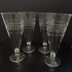 4 Anchor Hocking Etched Laurel Leaf Clear Pint Glasses Pilsner Beer USA Set of 4