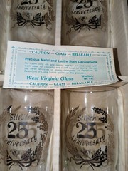 8 Count 25th ANNIVERSARY Hi-ball Glasses Silver Rim 12oz. Brand New Old Stock