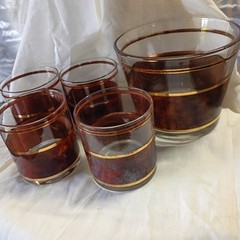 Culver Tortoise w/22k Gold Trim 4 Lowball Rock Glasses & Ice Bowl Set MCM