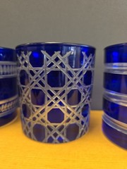 Vtg Set Of 4 Cut to Clear Cobalt Blue Glasses Lowball Whiskey Rocks Read