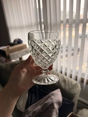Anchor Hocking water goblet in the «Waterford Waffle» pattern.