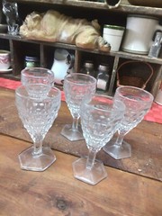 5 Vintage Fostoria American Clear Hex Foot Wine Glasses Stems 4 3/8” 2056
