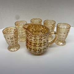 Jeanette Carnival Glass Holiday Buttons & Bows Pitcher & 5 Tumblers