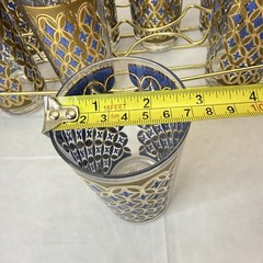 Vtg Set 8 Pasinski MCM Barware 22K Gold Blue Seville Highball Tumbler Glass Rack