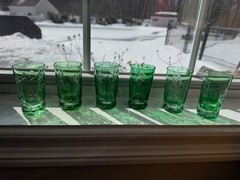 6 Bohemian Green Cut to Clear Mini Tumblers 3.25” Tall