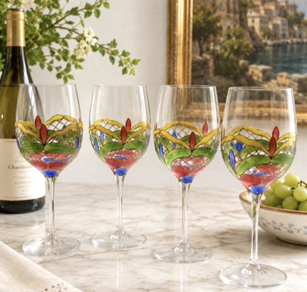 Orleans Romanian Crystal Wine Glasses 4 Colorful Hand-Painted Stained Glass