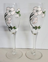 Vintage Pair Perrier Jouet Hand Painted Floral Champagne Glass Flutes Beautiful