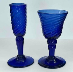 2 Vintage Handblown Colbalt Blue Spiral Swirl Cordial Glasses