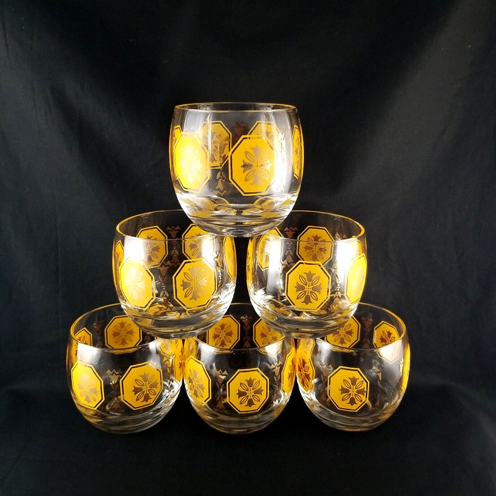 Mid Century Modern Yellow/Orange Tulip Flower Pattern Cocktail Glass Set Of 6
