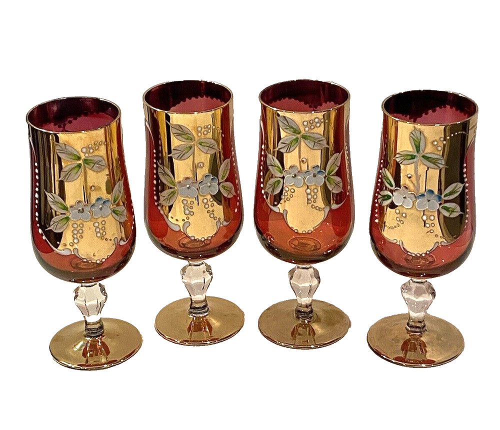 Bohemian Gold & Cranberry Red Flash Hand Painted Water Wine Goblets Set Of 4