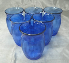 Vtg Hazel-Atlas FINE RIB COBALT Set of 6~3+» 5oz Flat Juice Tumblers Depression