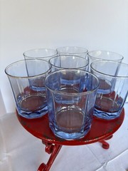 Vintage MCM Blue Whiskey/ Juice Glasses Bar ware 10 Sided 3.5 Inch Set Of Seven