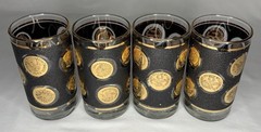 Lot Of 4 Vintage Libbey Gold Coins Tumblers Black & Gold MCM Highball Glasses 5”