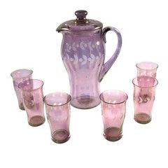 Vintage Amethyst Glass Pitcher Lid Juice Glasses Set 8 Etched Flowers