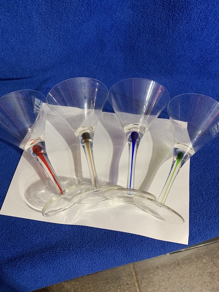 4 Libbey Teardrop Filament Martini Glasses Barware Red Blue Green Gold EXC Set 4