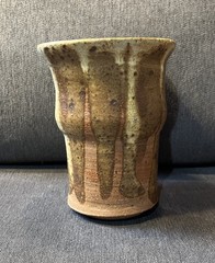 Vintage MCM Pottery Tumbler Cup Drip Glaze Flared Rim Signed MK
