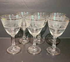 Set of 6 Glastonbury Lotus Brocade Etched Platinum Water Goblets/Glasses