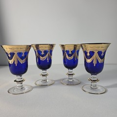 VTG Horchow Italian Cobalt Blue Crystal 4 Wine Water Goblets 6.25″ 24K Gold Trim