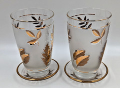 Libbey Golden Foliage Highball Glasses Set of 2 w/ Gold Trim Coasters Frosted