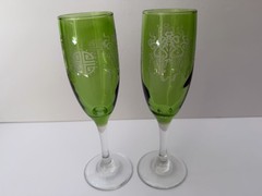 Green Champagne Flutes with Clear Stem Etched Asian Etchings Glasses Set Of 2