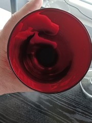 Set of (6) Cristal d’Arques Durand Ruby Glass Red Goblet Clear Stem.