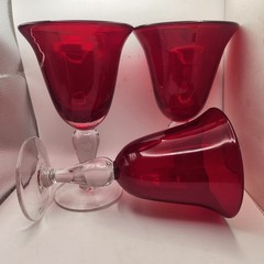 Vintage Set 3 Ruby Red Glass Goblets Clear Stems 7.5” Wine Water Glasses
