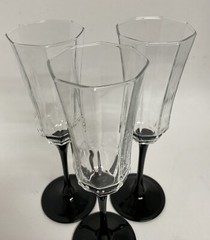 3 ct VTG Luminarc France Octime Black Stem Champagne Flutes Wine Glasses 8 5/8”