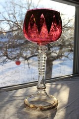 Antique Moser Cranberry Red Enameled Raised Gold Glass Goblet 14″
