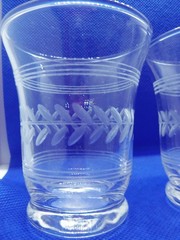 Anchor Hocking? Set of 5 Laurel Leaf & Bands Gray Cut Juice/Liquor Glasses