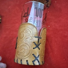 (8) 8oz Highball Glasses Leather Holder Western Cowboy Ranch Brand ML Leddy
