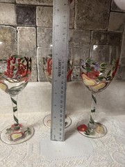 Hand Painted Wine Glasses Fruit Floral Design 3pc Set 8.25″ Tall Vintage Style