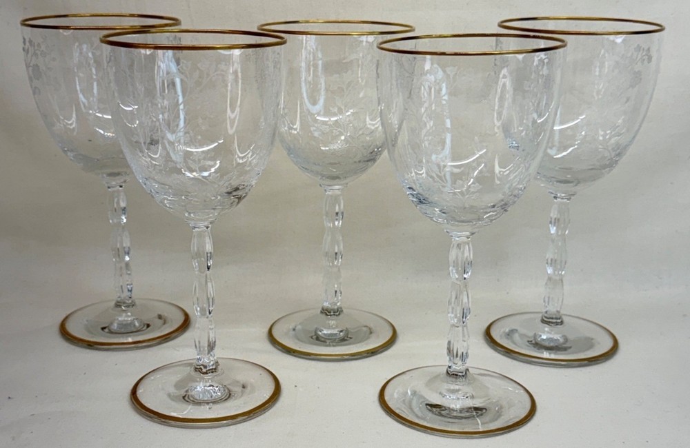 5 Fostoria Crystal Clear Gold Rambler Water Goblets 6 7/8″