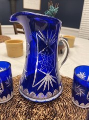 VTG Cobalt Blue Cut to Clear Bohemian/Romanian Crystal Pitcher and Four Glasses.