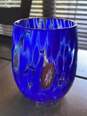 MURANO ZECCHIN Blue Stemless Wine Glass Millefiori 4.5” H
