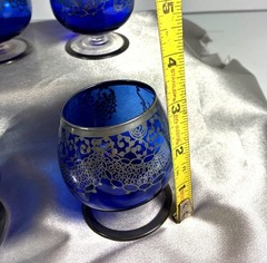 Vintage Cobalt Blue Silver Overlay Cordial Glasses Set of 5 Mid Century Barware